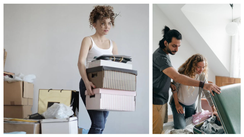 The first picture is a woman carrying boxes. The second picture is a man and woman looking into a grey suitcase